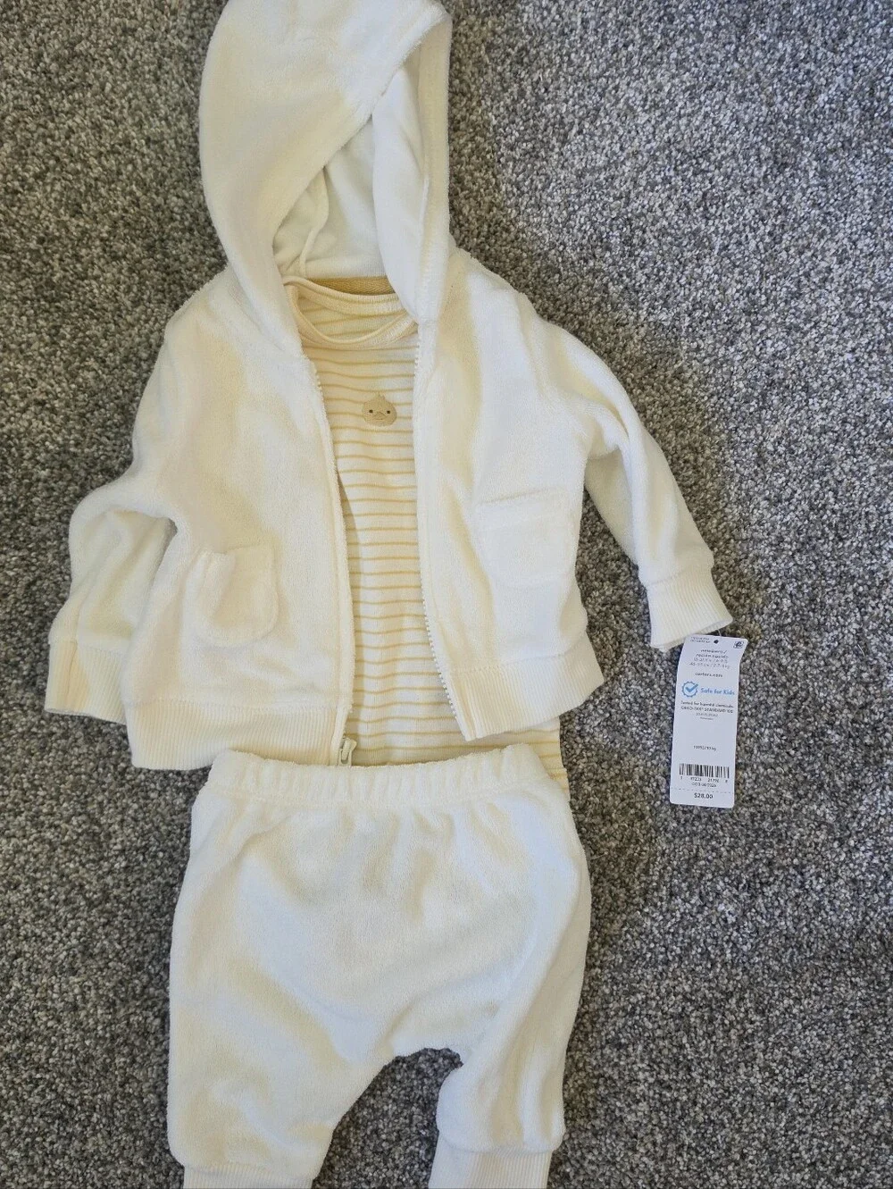 Carter's Cream Hooded Zip Jacket, Striped Bodysuit & Duck Embroidered Pants Set
